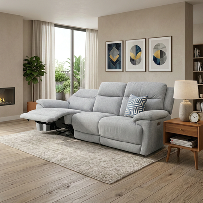 Living room view of the Touch 3-seater sofa, highlighting the heavy-duty Pewter fabric, dual-motor power reclining seats, and built-in USB charging ports.