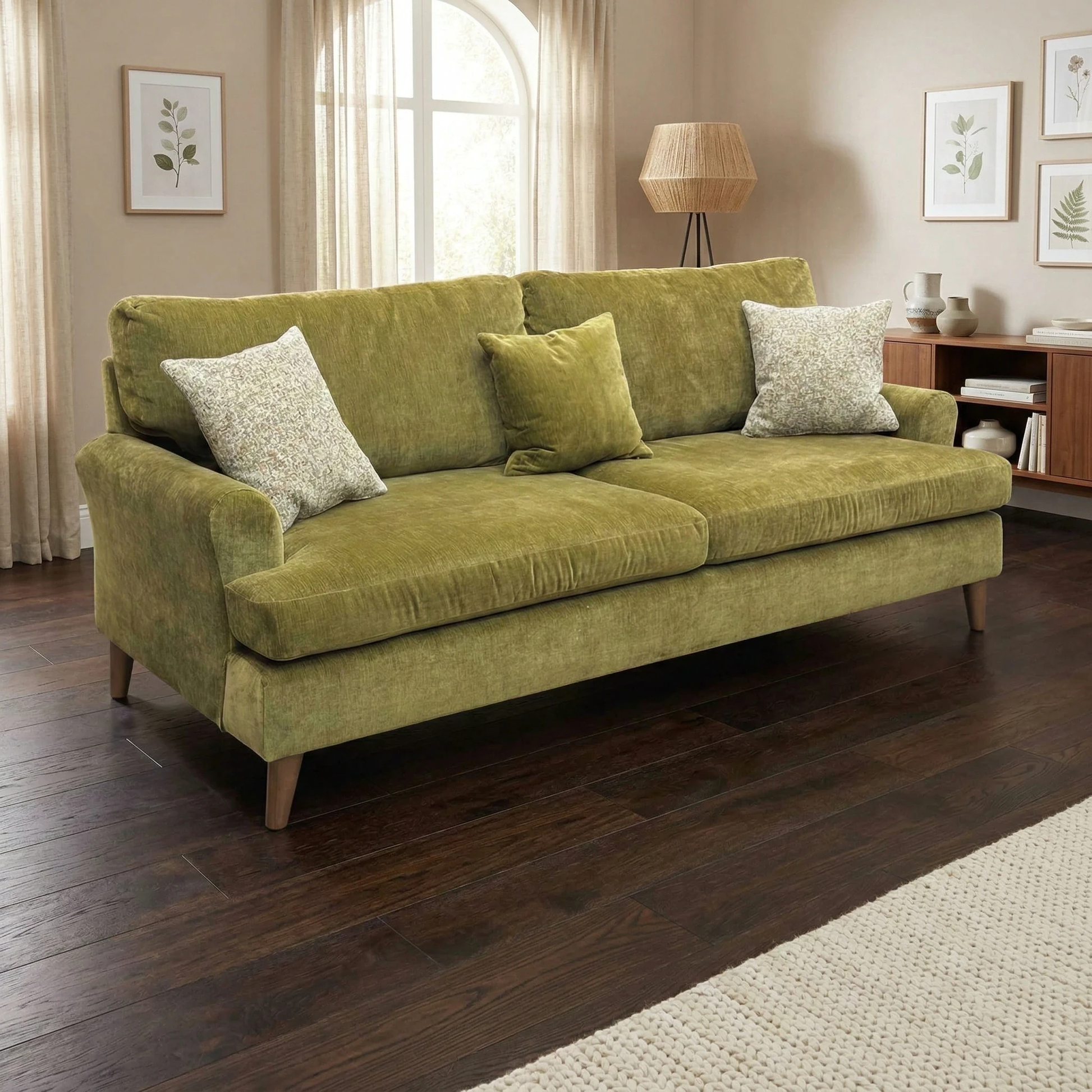 Living room view of the Jackson olive green sofa in a contemporary living room setting.