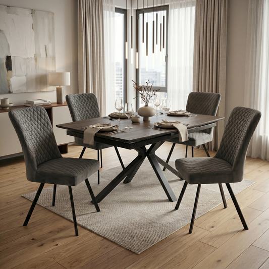 Dining room view of a single Mars Grey Velvet dining chair, highlighting the ergonomic curved seat and the decorative quilted embroidery.