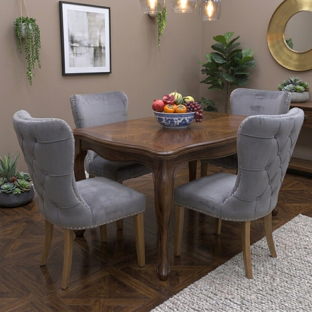 Dining room for the Chennai dining chair set, highlighting the premium soft-touch velvet, high-density foam cushioning, and elegant chrome-finished knocker back.