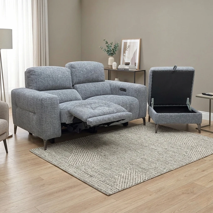 ‘New York’ Fab-Cac-R450 Gun Metal Woven Fabric 2 Seater Power Recliner Sofa with Power Headrests + Storage Footstool
