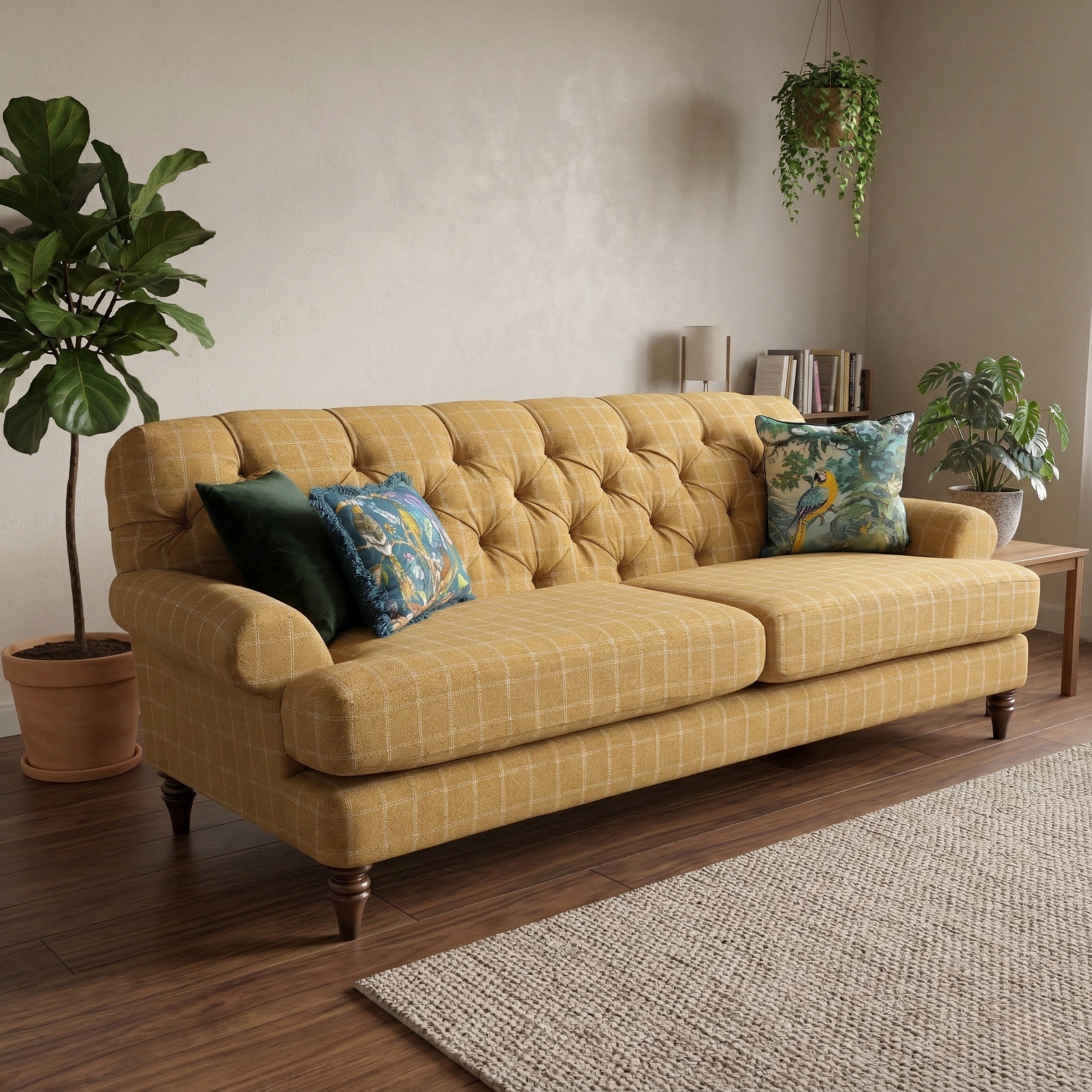 Living room for the Canterbury 4-seater sofa, highlighting the durable check-weave fabric, high-resilience foam seating, and solid hardwood frame construction.