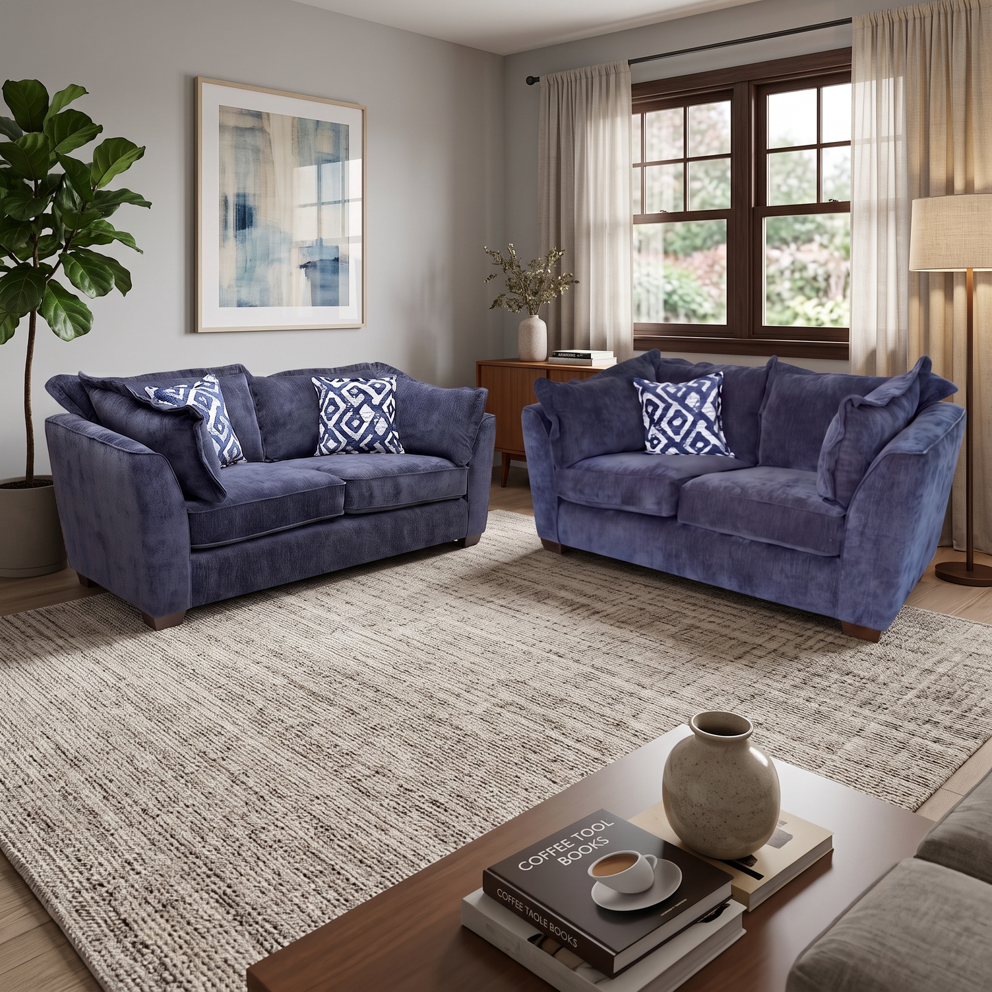 'Finchley' Denim Blue Derwent Soft Weave Fabric Classic Back 3 + 2 Seater Sofa Set