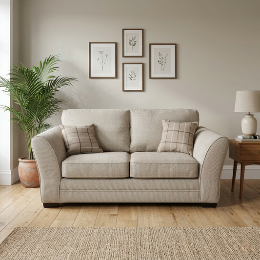 Living room view of Sophie Sultan oatmeal sofa bed styled in a contemporary living room with neutral decor and soft lighting.