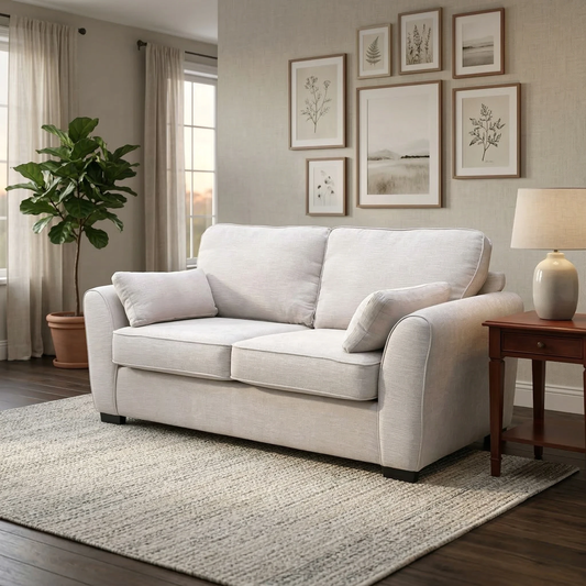 Living room Roma 2 seater sofa bed in pewter grey linen fabric styled in a modern living room setting with decorative accessories.