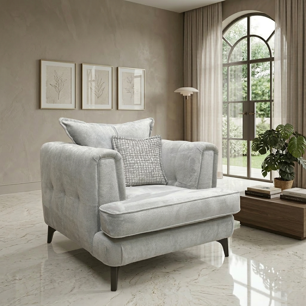 Living room view for the Farrah armchair, highlighting the dual-fabric Riga Silver and Zena Silver upholstery, high-resilience foam seating, and durable timber frame.