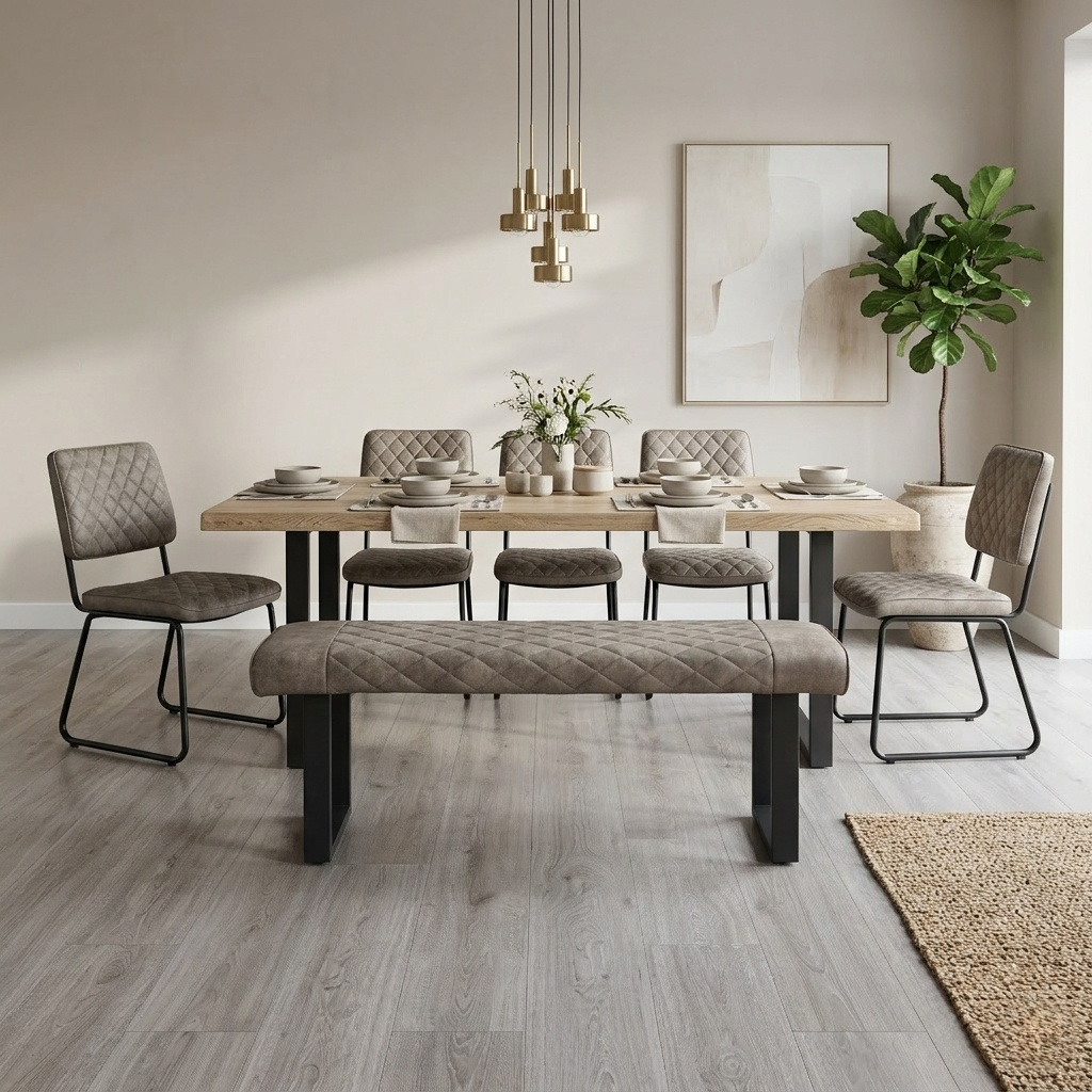Living room of the Warrior taupe bench, highlighting the plush cushioning and slender black metal legs.