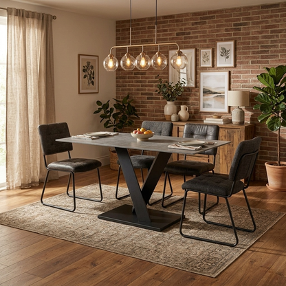 Living room view the Warrior dining table, highlighting the durable matt-finished stone surface and architectural powder-coated frame.