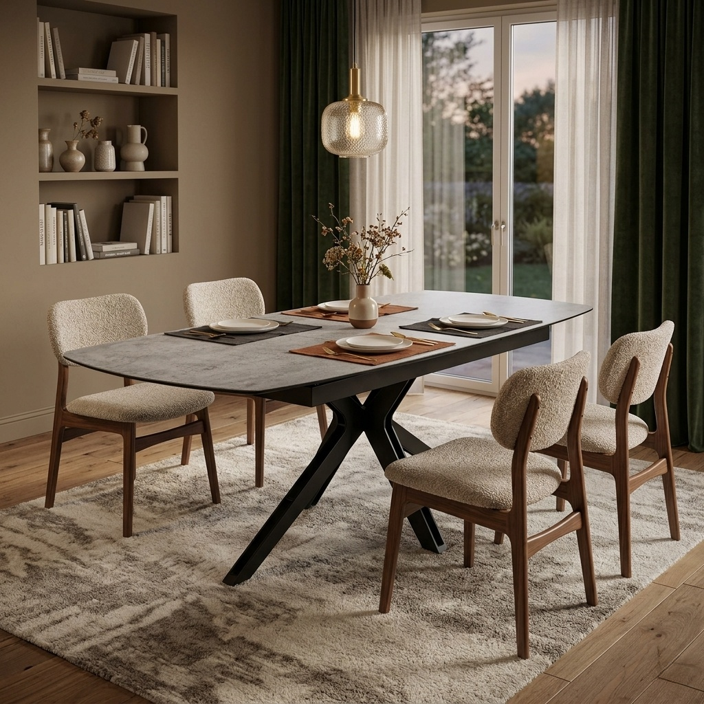 Living room view of Contemporary dining area showcasing the Raul silver ceramic table, highlighting its sleek and industrial design.