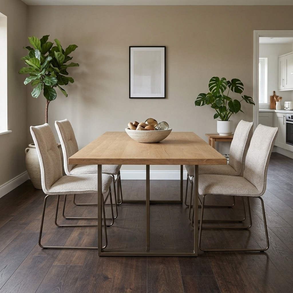 Living room view of stylish dining room arrangement with the four sand Maya chairs positioned around a modern dining table.