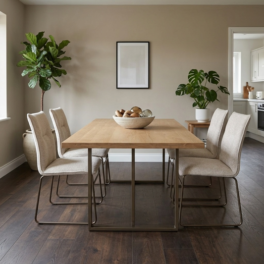 Living room view of stylish dining room arrangement with the four sand Maya chairs positioned around a modern dining table.