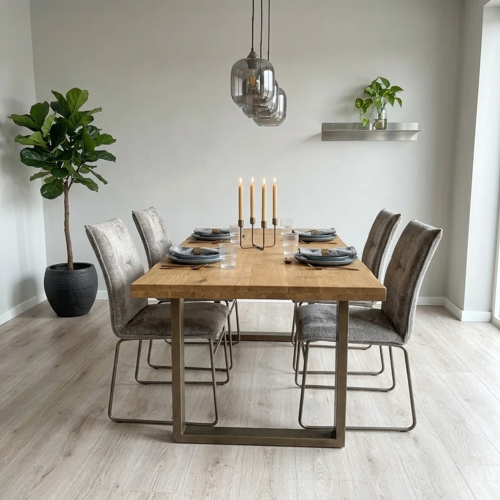 Living room view a modern dining room arrangement featuring the set of four taupe Maya chairs around a dining table.