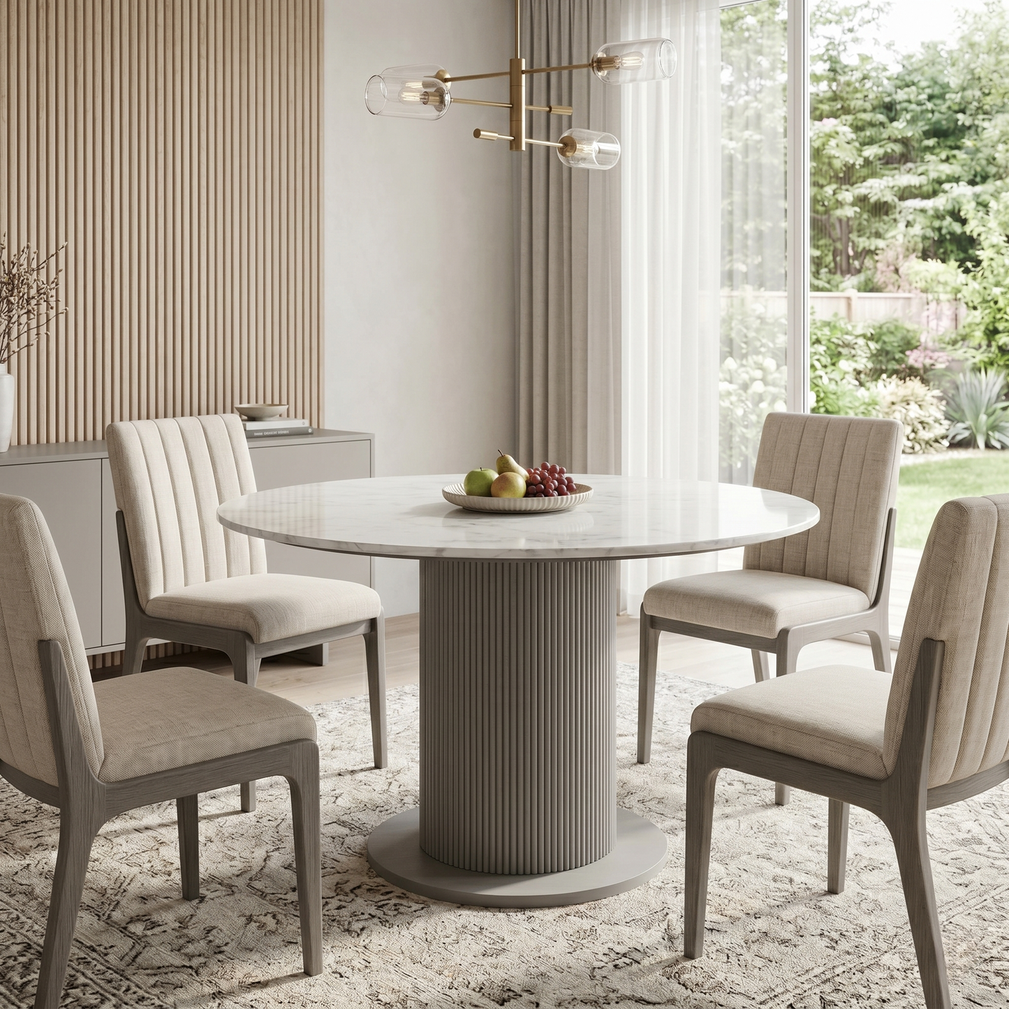 Dining room view for the Aimar dining table, highlighting the heat and scratch-resistant ceramic surface and the space-saving round design.