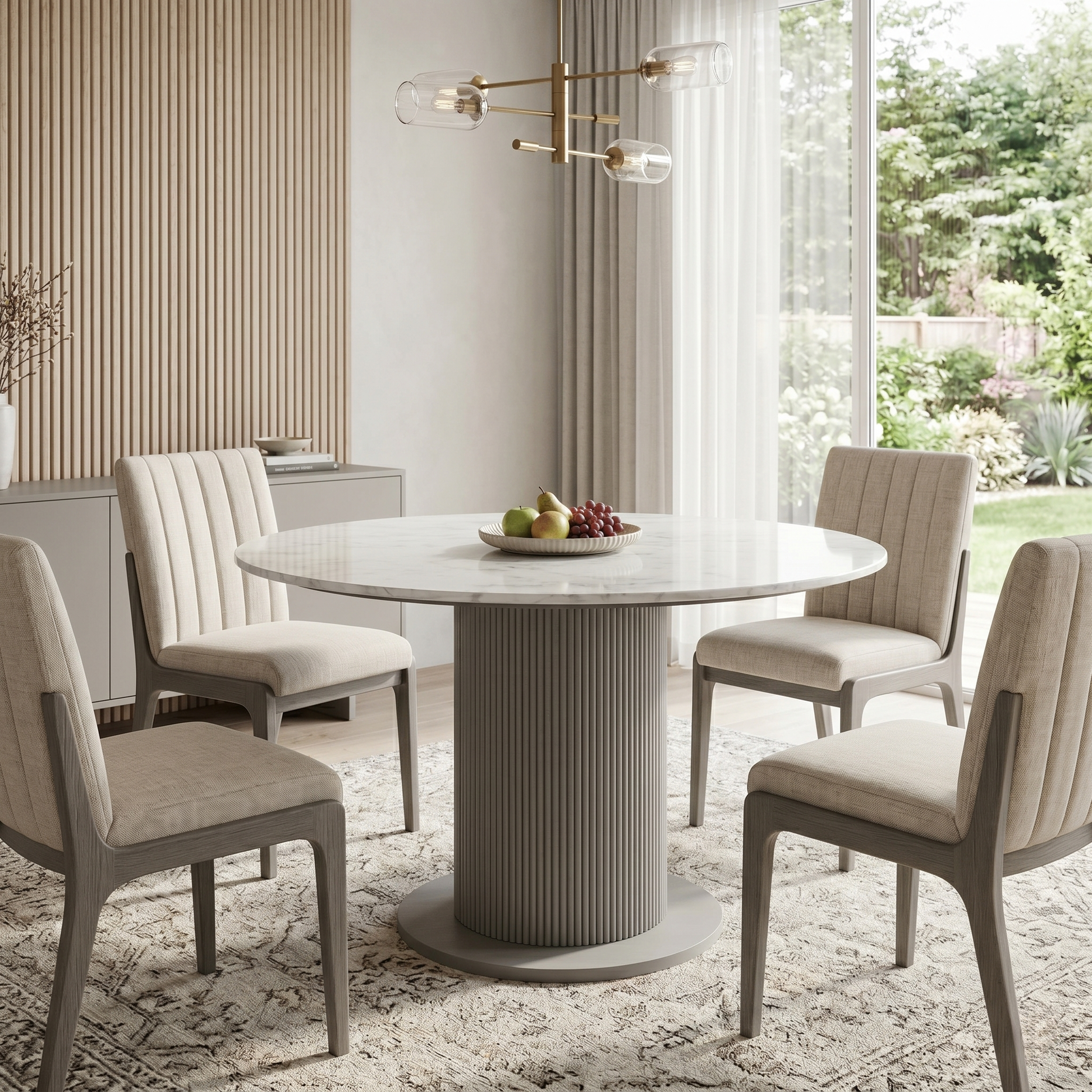 Dining room view for the Aimar dining table, highlighting the heat and scratch-resistant ceramic surface and the space-saving round design.