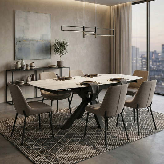 Dining room view of the travertine ceramic surface, highlighting the natural stone-effect patterns and durable, heat-resistant finish.