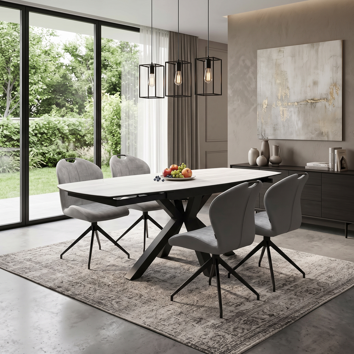 ‘Raul’ Travertine Ceramic Top 120cm Swivel Extending Dining Table with Stone Grey Fabric Set of 4 Swivel Dining Chairs