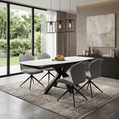 ‘Raul’ Travertine Ceramic Top 120cm Swivel Extending Dining Table with Stone Grey Fabric Set of 4 Swivel Dining Chairs