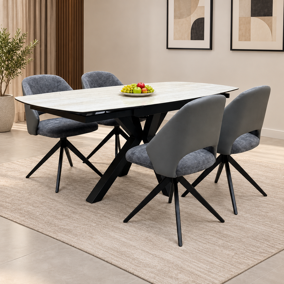 'Raul' Travertine Ceramic Top 120cm Swivel Extending Dining Table + G6 Anthracite Grey Faux Leather Chairs X 4