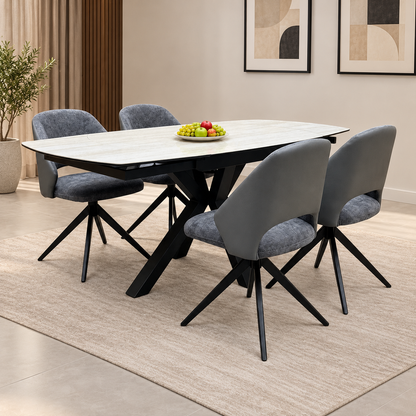 'Raul' Travertine Ceramic Top 120cm Swivel Extending Dining Table + G6 Anthracite Grey Faux Leather Chairs X 4
