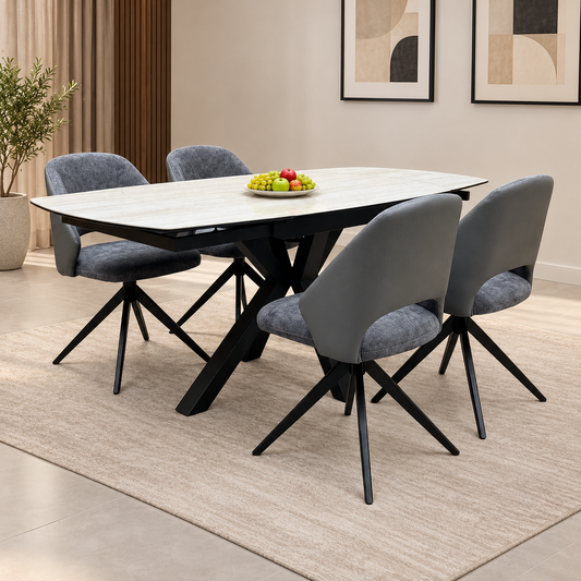'Raul' Travertine Ceramic Top 120cm Swivel Extending Dining Table + G6 Anthracite Grey Faux Leather Chairs X 4