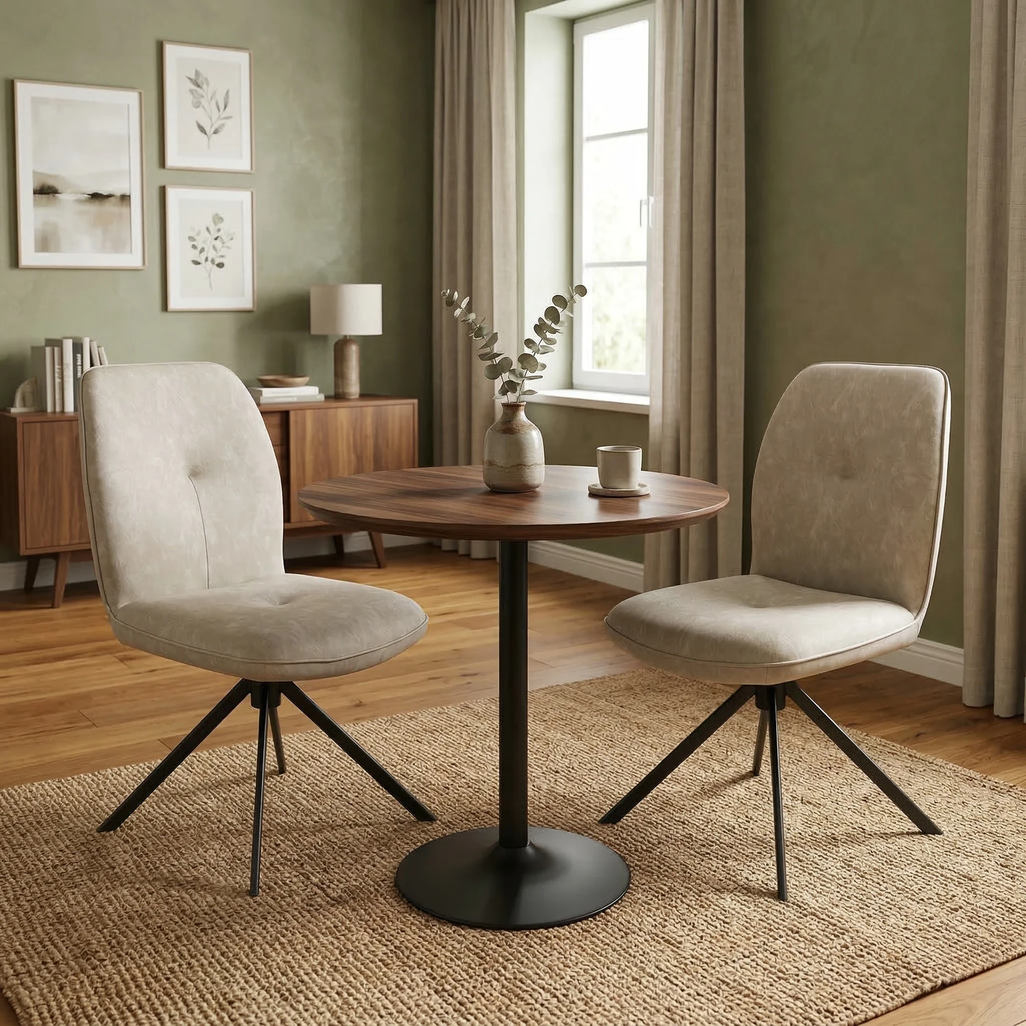 Living room view of the Perla swivel dining chair highlighting the well-cushioned seat and supportive high backrest.