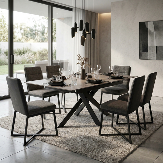 Dining room view of showcasing the Warrior dining table in a contemporary, high-end dining room setting.