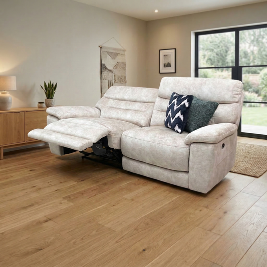 Living room view for the Nimbus 3-seater sofa, detailing its no-sag spring suspension, foam and inner coil seat cushioning, and rubber webbing back support.