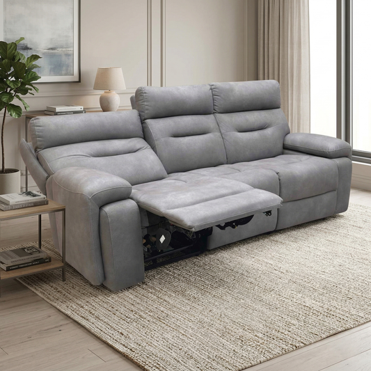 ‘Cinemax’ Nappa Grey Velvet 3 Seater Media Arm Power Recliner Sofa with Power Headrests
