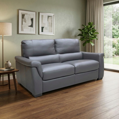 Living room view for the Amore 3-seater leather sofa, highlighting the premium Cat-50 leather upholstery, durable and easy-to-maintain finish, and its sophisticated contemporary style.
