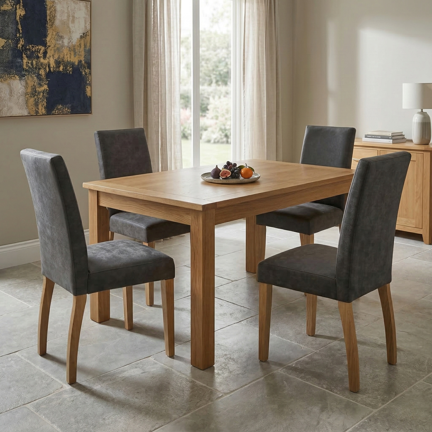 Living room for the Augusta chairs, highlighting the clear lacquer wood finish, space-saving design, and comfortable cushioning.