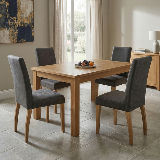 Living room for the Augusta chairs, highlighting the clear lacquer wood finish, space-saving design, and comfortable cushioning.
