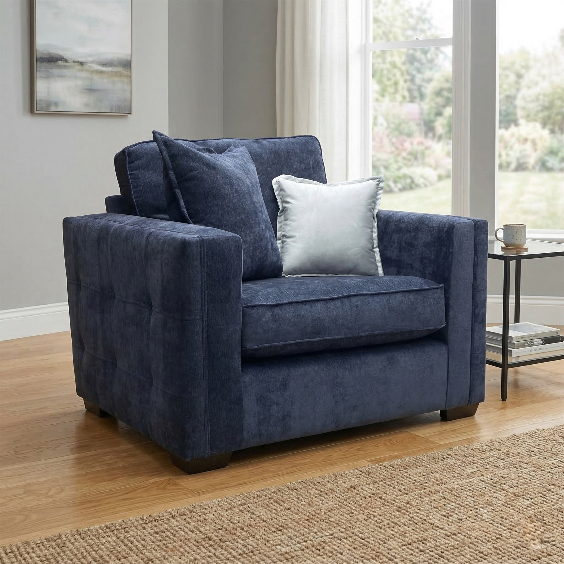 Living room view of the Chelsea love chair, highlighting the rich texture of the denim blue chenille and the traditional curved silhouette.
