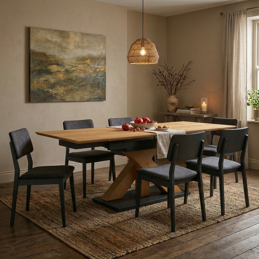 Dining room view of the Aydin dining table, showcasing the handcrafted oak veneer top and its authentic grain and texture.