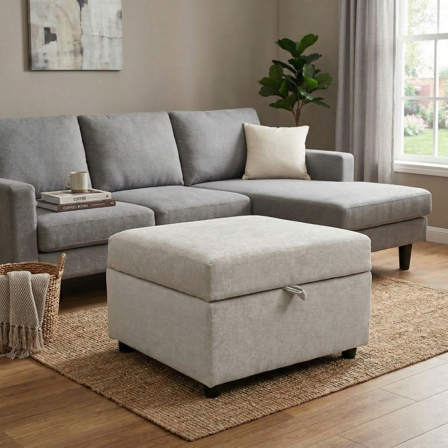 Living room view showcasing the Harvey storage footstool in a modern home environment.
