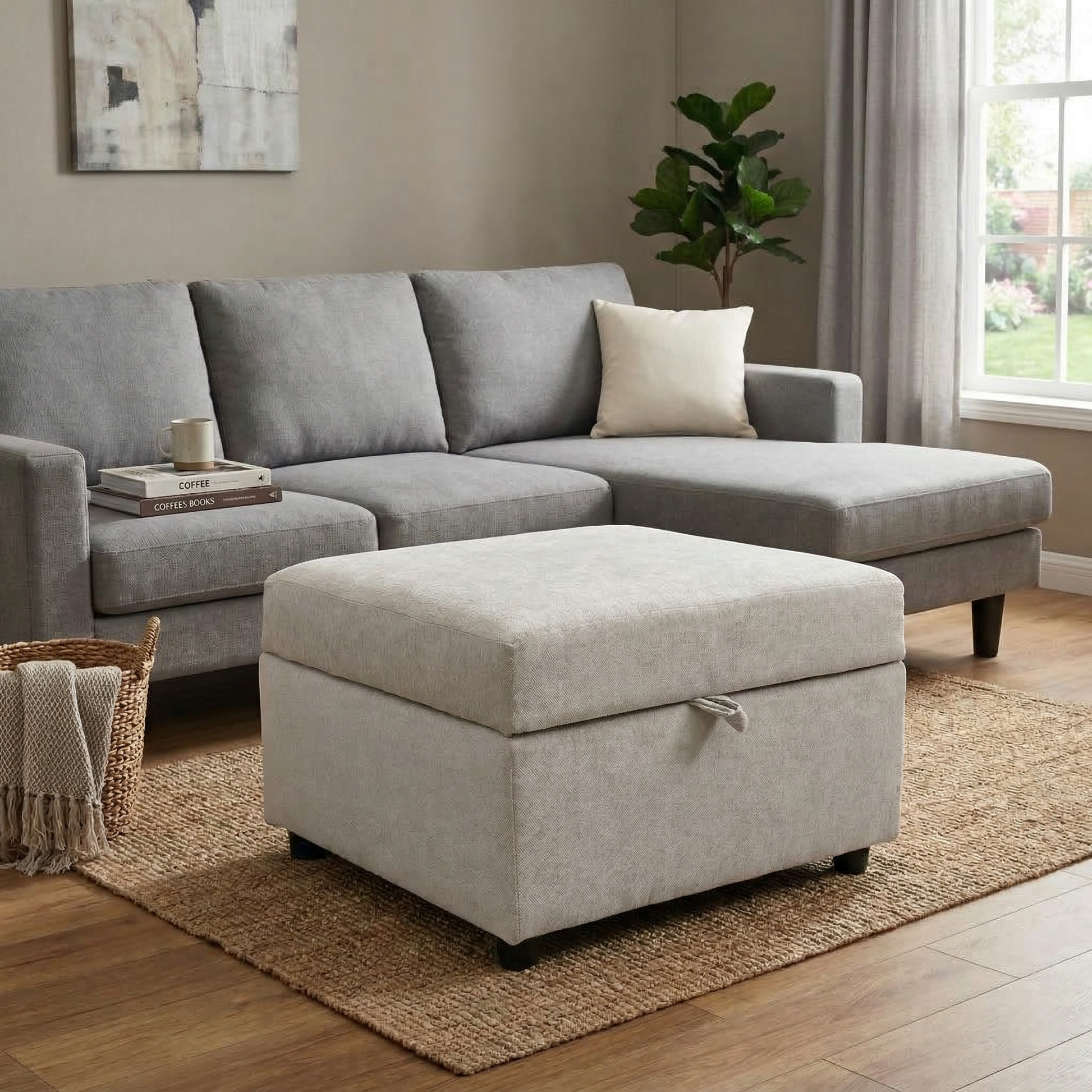 Living room view showcasing the Harvey storage footstool in a modern home environment.