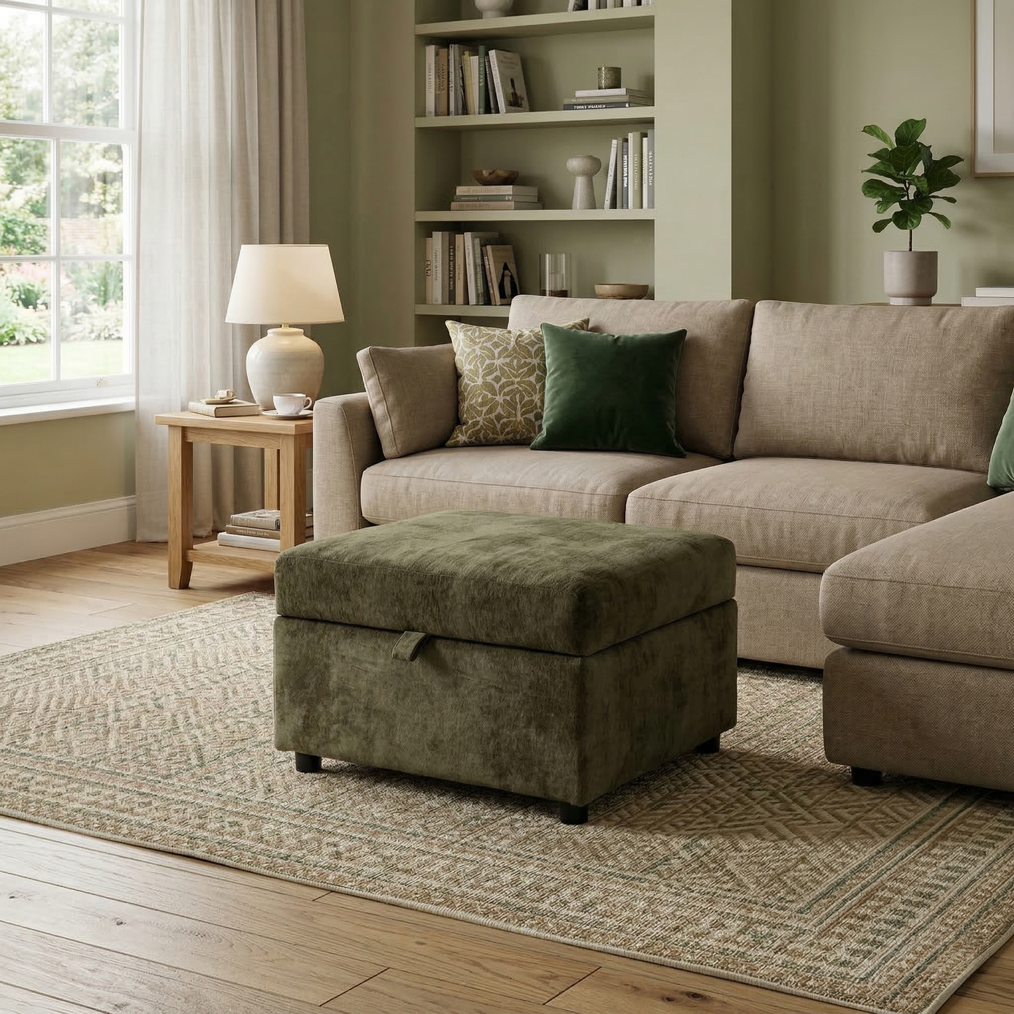 Living room view showcasing the olive green Harvey storage footstool in a modern living room setting.