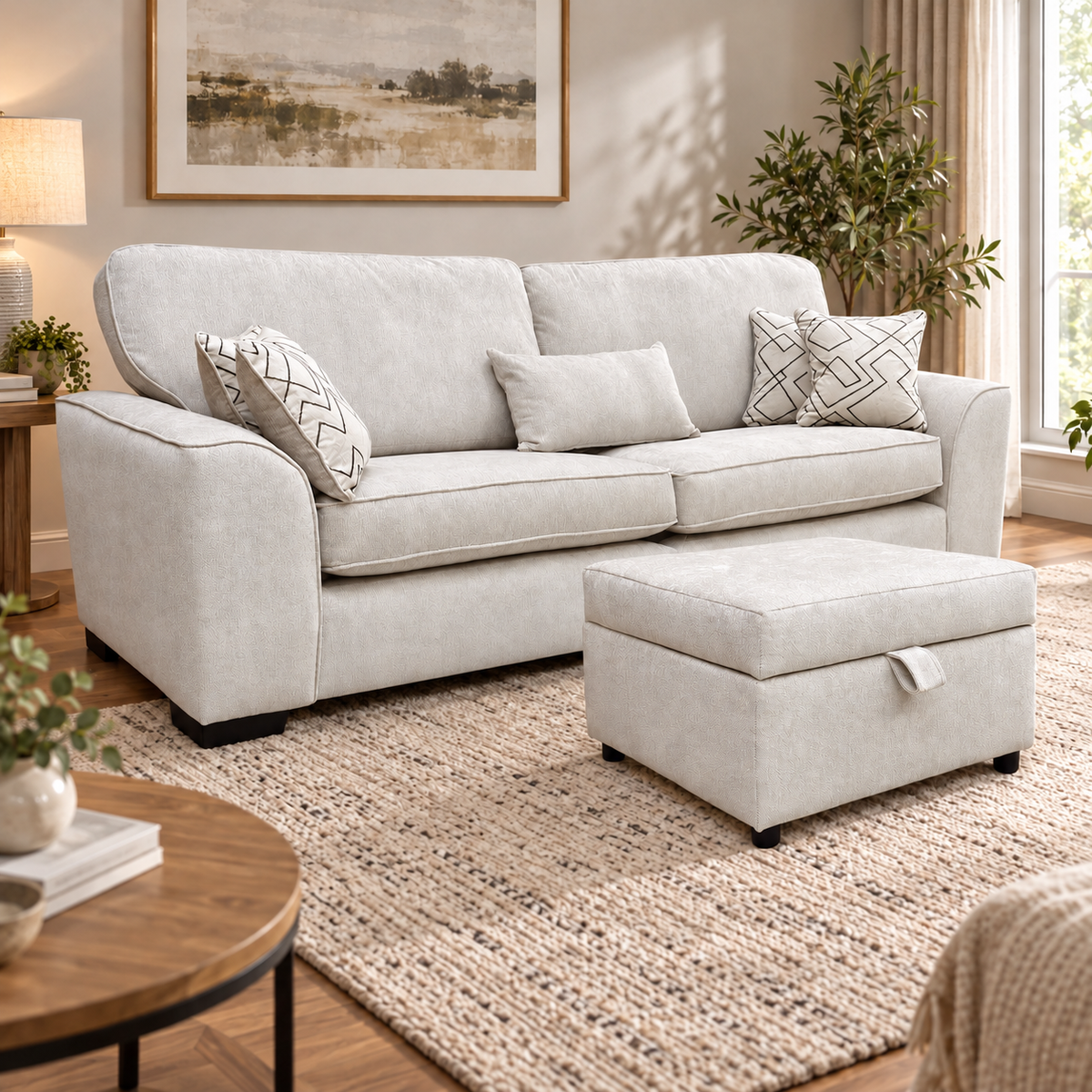Harvey truffle fabric 4 seater sofa and storage footstool in a living room with a jute rug and round coffee table