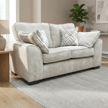 Living room view image showcasing the truffle Harvey 2 seater sofa in a bright, modern living room.