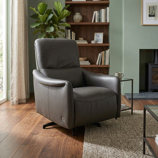living room setting featuring the chocolate brown leather Viali Tatto swivel chair.