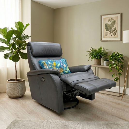 Living room view of Contemporary living room setting featuring the Rowan grey leather rocker recliner.