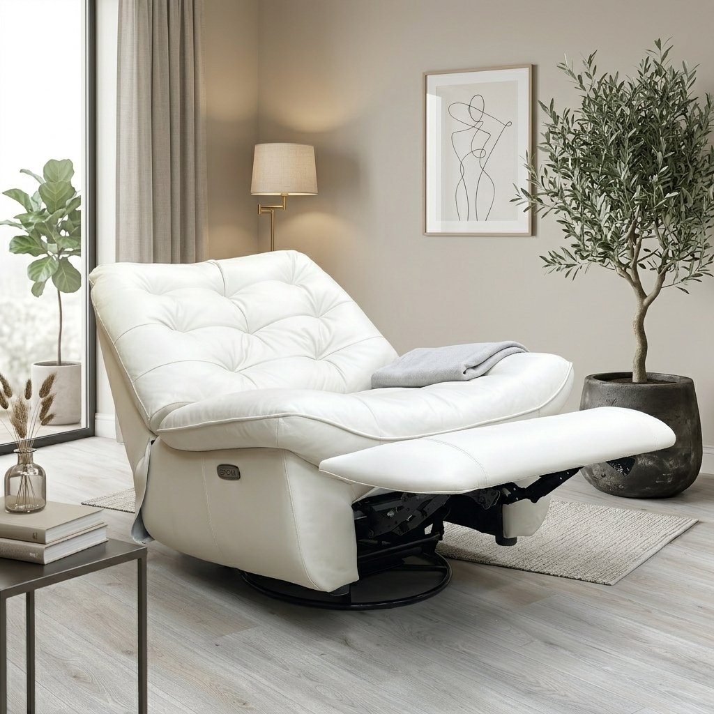 Living room featuring the Frost leather Ozzy swivel power recliner chair.