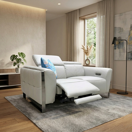 Living room setting with the Gisella leather sofa featuring wrap-over metal legs.