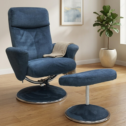 living space with the Deep Sea Blue velvet swivel recliner and footstool.
