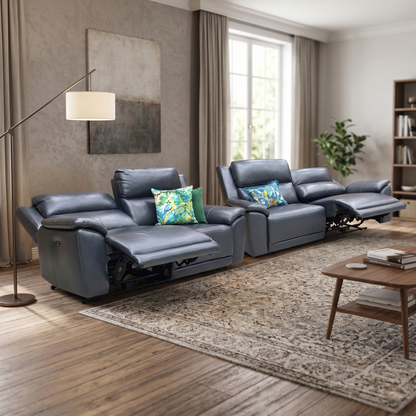 ‘Utah’ Natural Milled Navy Blue La-4828 Leather 3 + 3 Seater Sofa Power Recliner with Power Headrests and Power Lumbar, styled in a lifestyle room setting