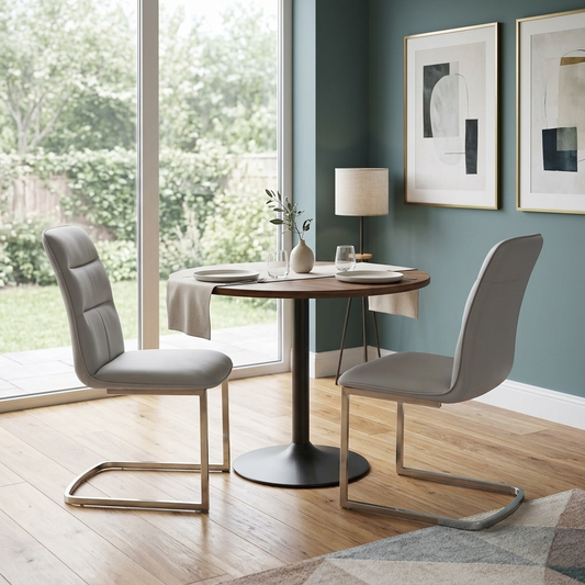Dining room view of the charcoal grey Cashmere chair showing the contemporary armless silhouette.