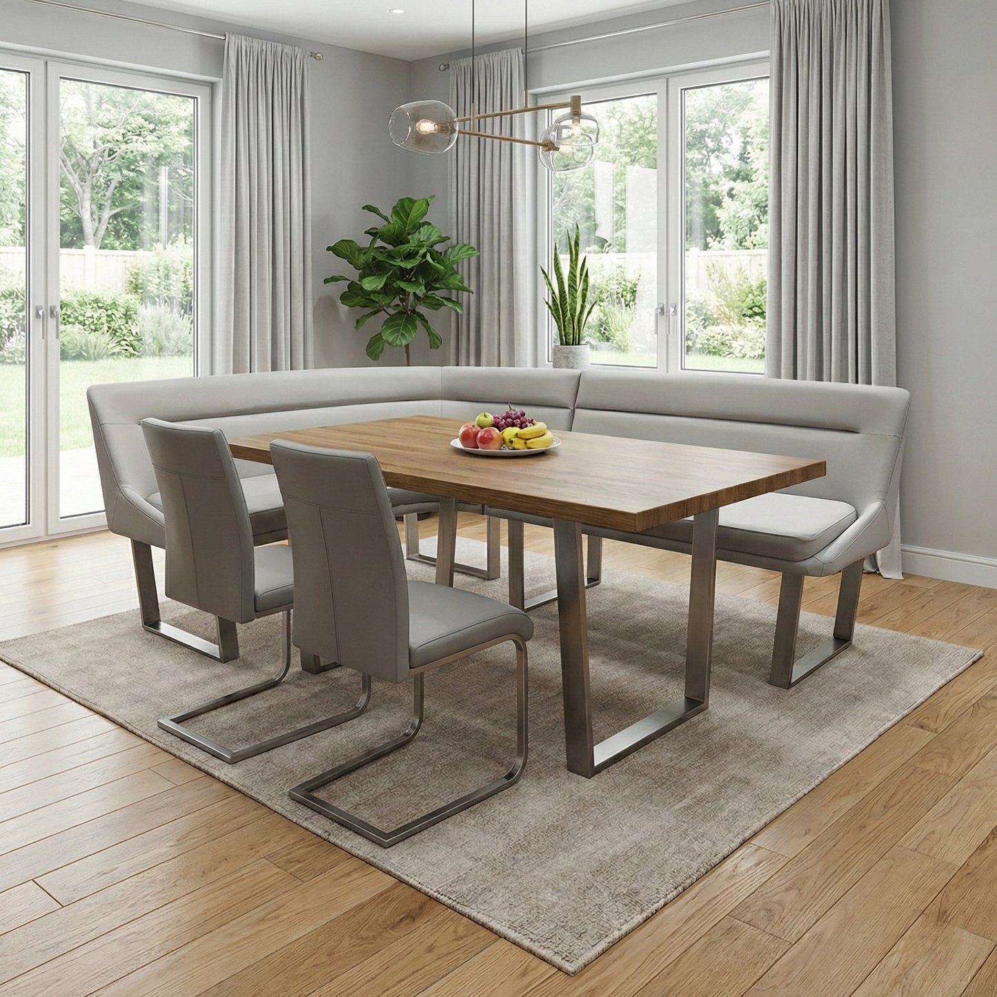 Living room view showing the ergonomic curved backrest and spacious 5-adult seating capacity.