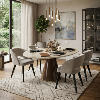 Dining Room view of a Goya dining chair, showcasing the understated glam style, comfortable low-back silhouette, and dense foam seat cushioning.