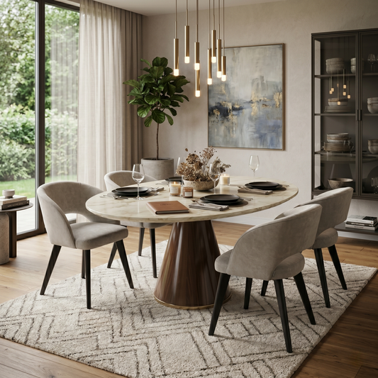 Dining Room view of a Goya dining chair, showcasing the understated glam style, comfortable low-back silhouette, and dense foam seat cushioning.