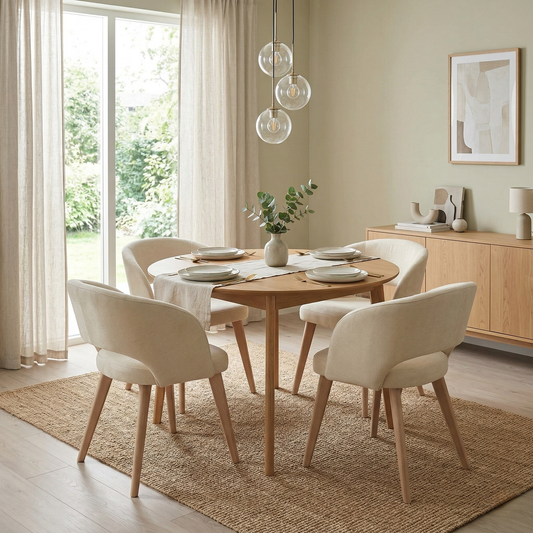 Dining room view image showcasing the set of four Goya chairs around a minimalist modern dining table.