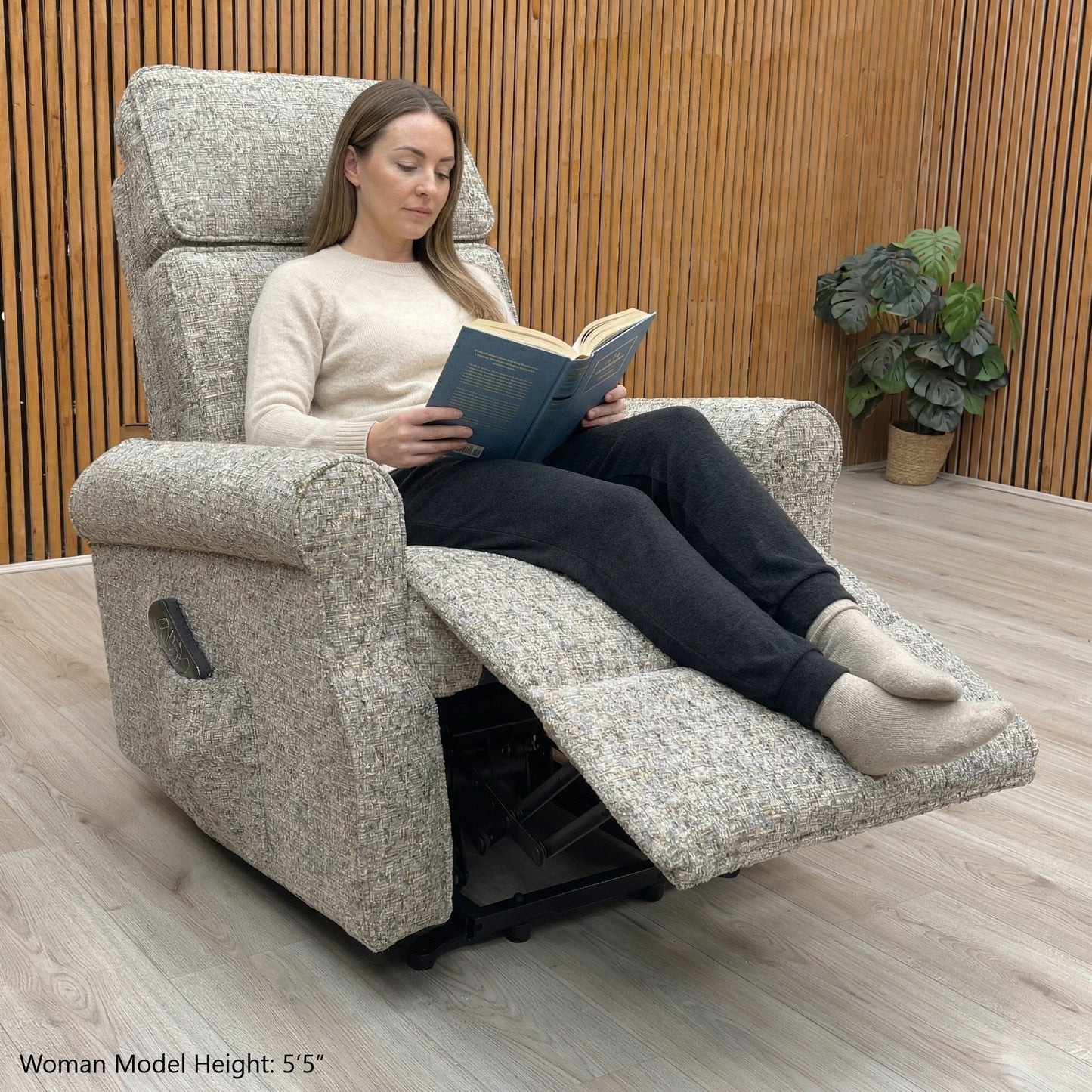 Lifestyle shot showcasing the calming heather tone and textured fabric of the Jessica chair.